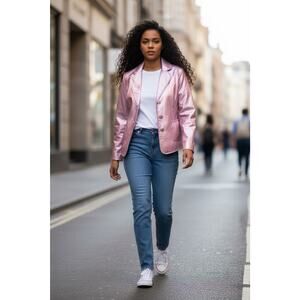 KC Collections Pale Pink Leather Moto Jacket Size Medium Feminine Edgy Biker NWT